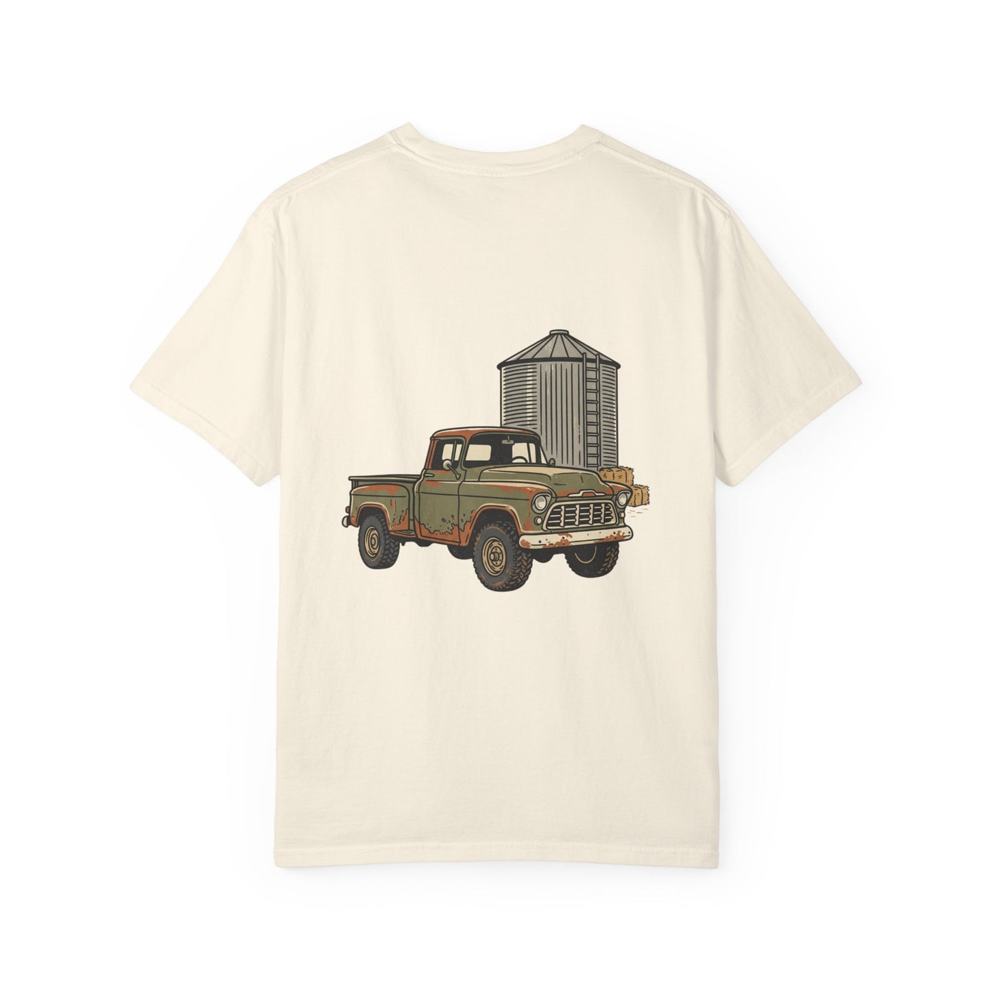 Vintage Farm Truck T-Shirt — Rustic Pickup & Grain Silo Design
