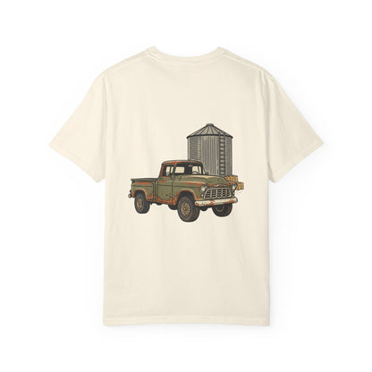 Vintage Farm Truck T-Shirt — Rustic Pickup & Grain Silo Design