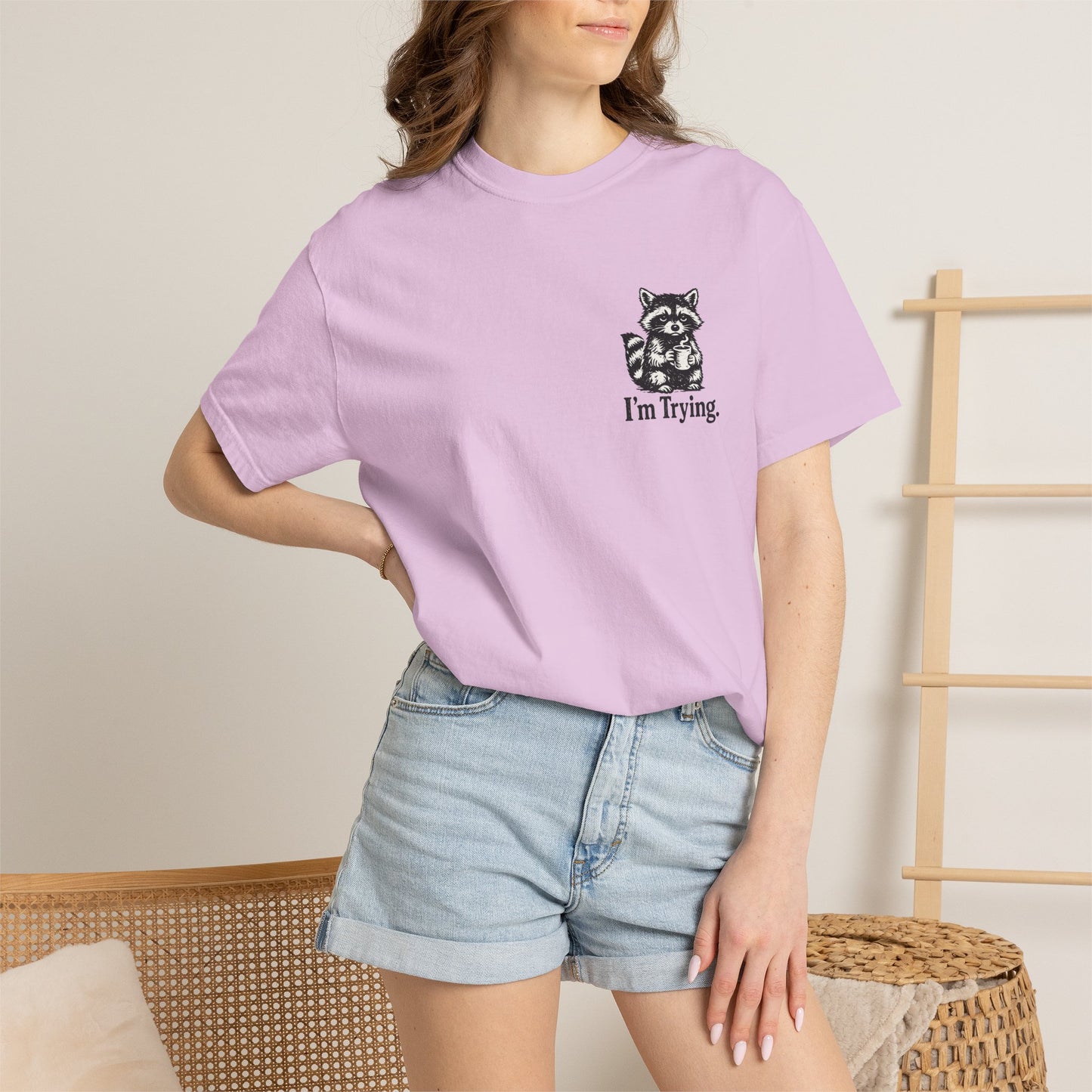 Graphic T-Shirt — "I'm Trying" Raccoon Front & "Oh For F***'s Sake" Back