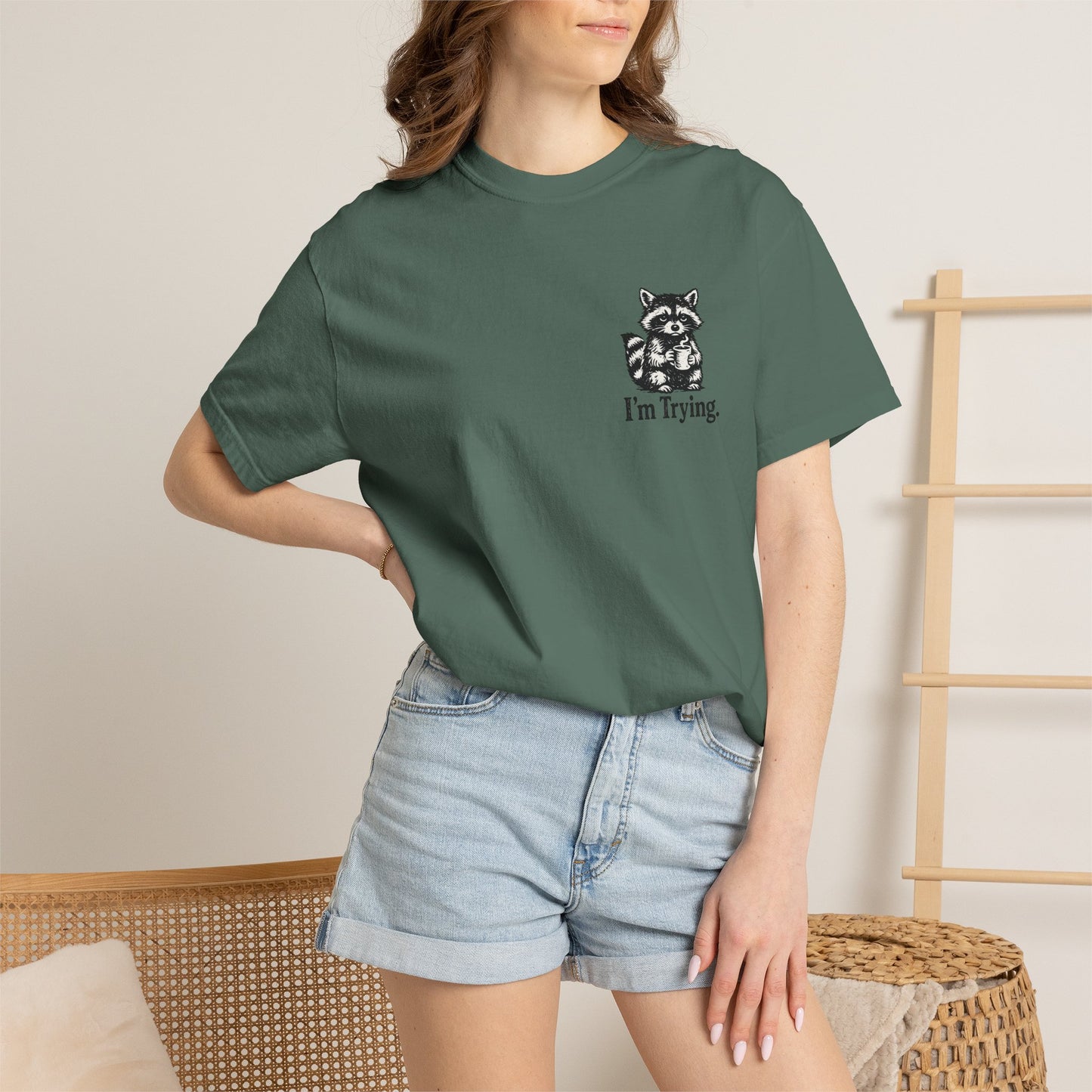 Graphic T-Shirt — "I'm Trying" Raccoon Front & "Oh For F***'s Sake" Back