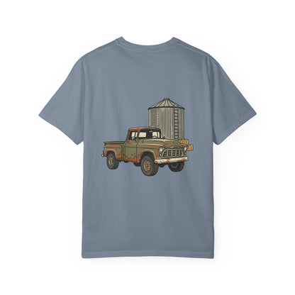 Vintage Farm Truck T-Shirt — Rustic Pickup & Grain Silo Design
