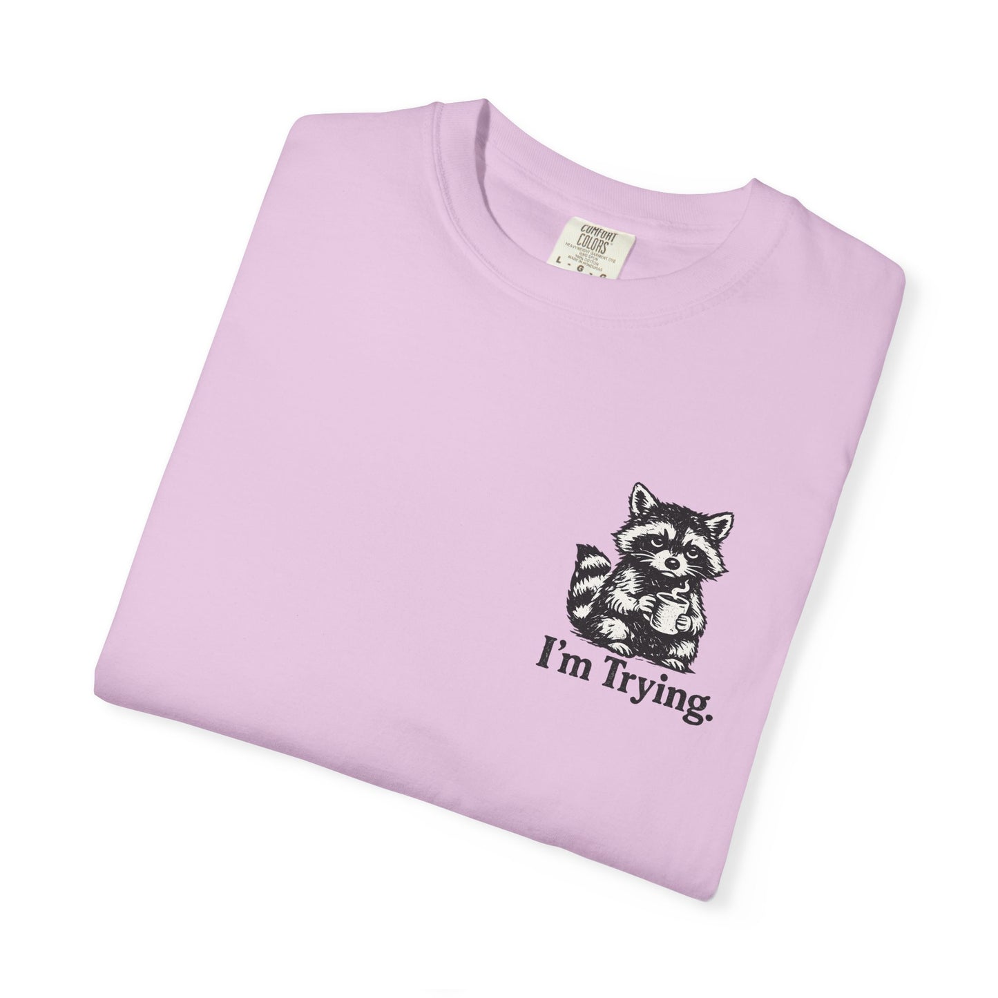 Graphic T-Shirt — "I'm Trying" Raccoon Front & "Oh For F***'s Sake" Back