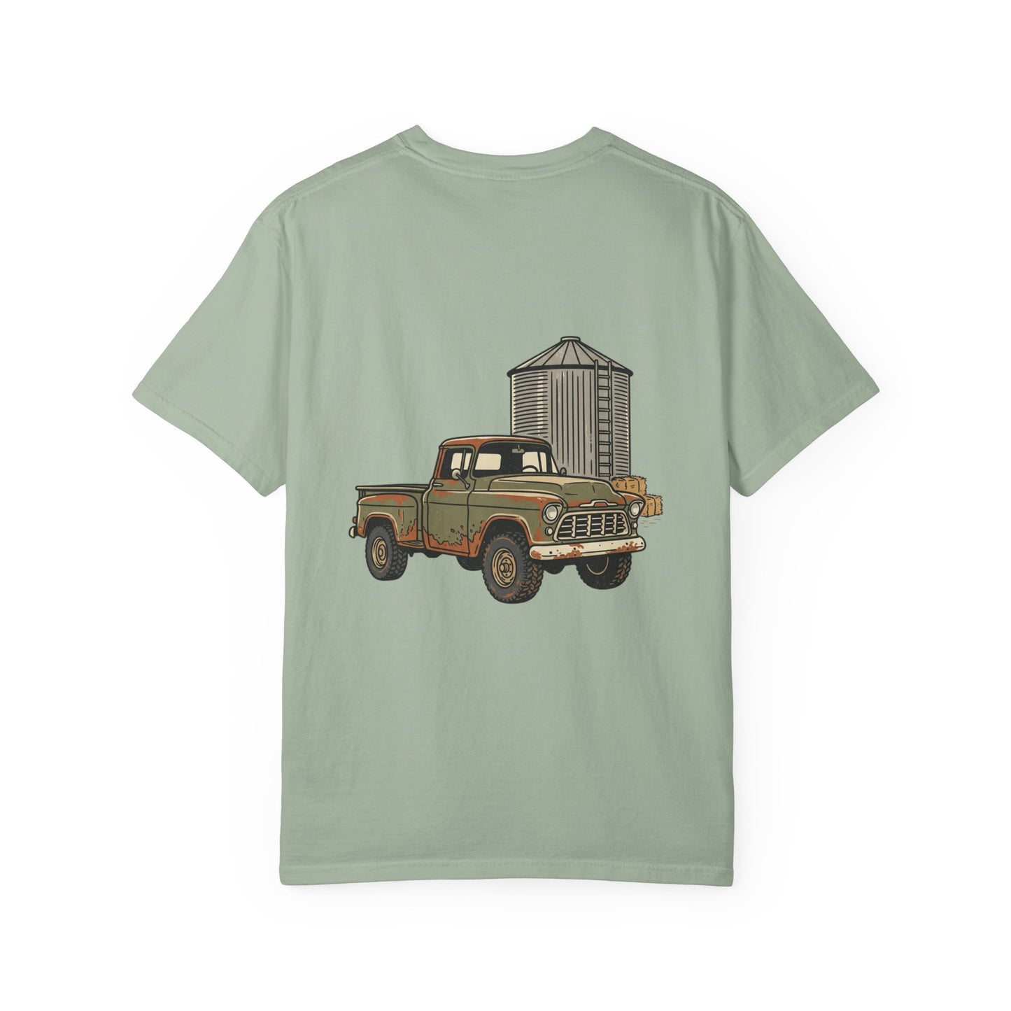 Vintage Farm Truck T-Shirt — Rustic Pickup & Grain Silo Design