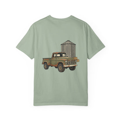 Vintage Farm Truck T-Shirt — Rustic Pickup & Grain Silo Design