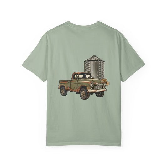 Vintage Farm Truck T-Shirt — Rustic Pickup & Grain Silo Design
