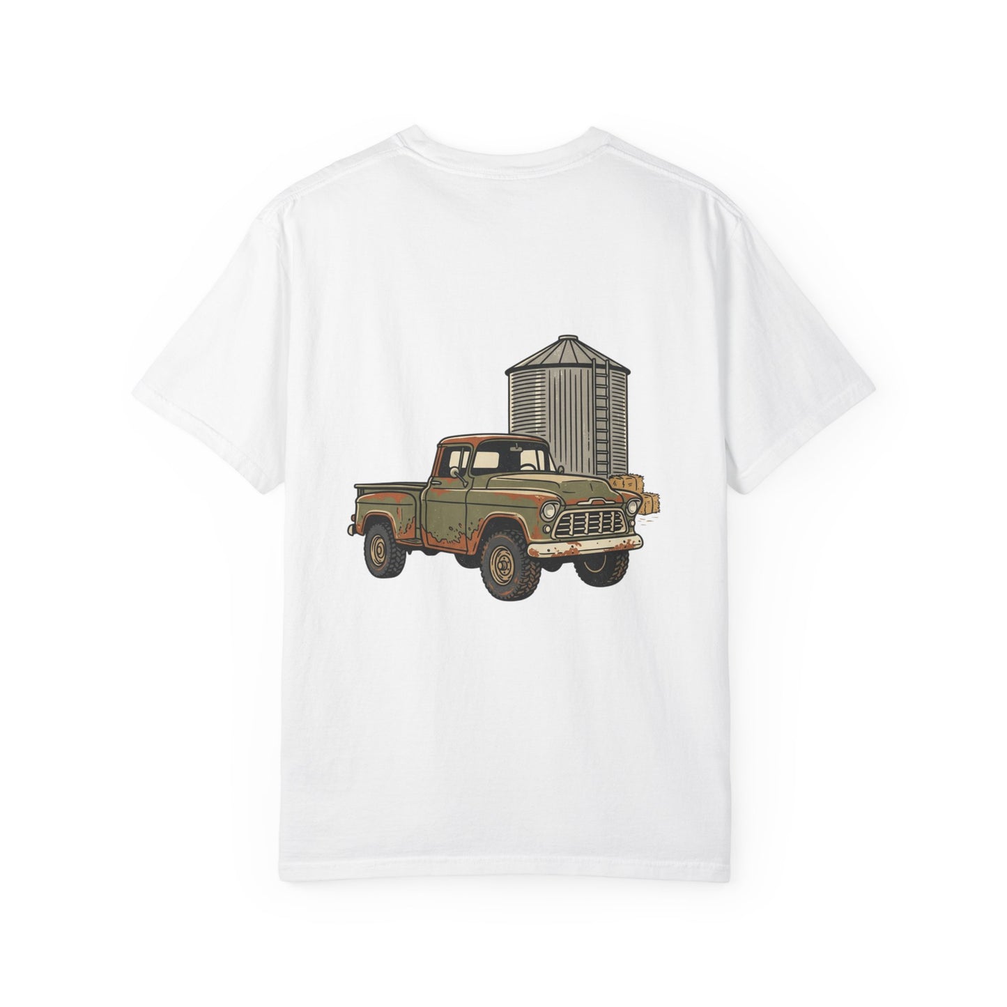 Vintage Farm Truck T-Shirt — Rustic Pickup & Grain Silo Design